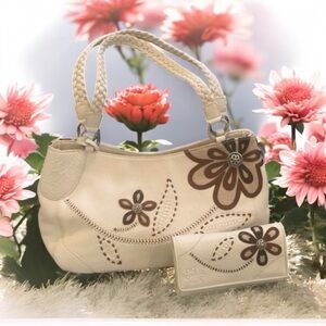 BRIGHTON rare HOBO  & CROSSBODY SET in cream with brown flower appliqués